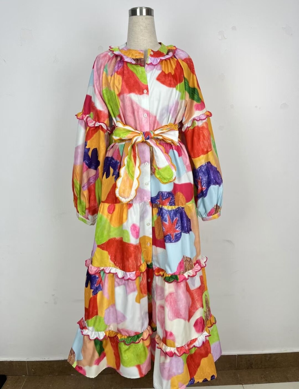 Lantern sleeve round neck long dress spring red dress
