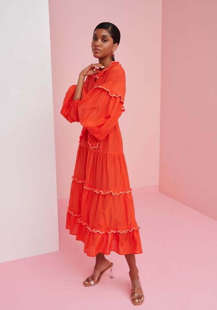Lantern sleeve round neck long dress spring red dress