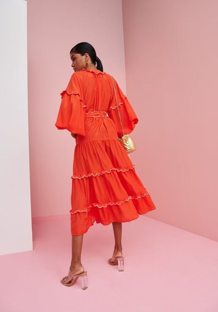 Lantern sleeve round neck long dress spring red dress