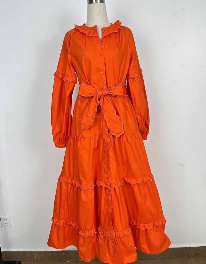 Lantern sleeve round neck long dress spring red dress
