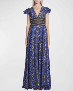 Pinched waist boats sleeve dress embroidery long dress