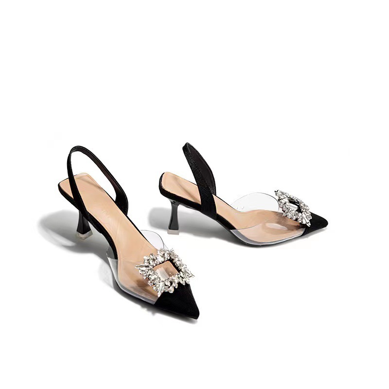 High-heeled splice pointed rhinestone transparent sandals