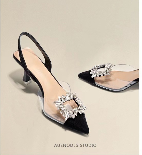 High-heeled splice pointed rhinestone transparent sandals