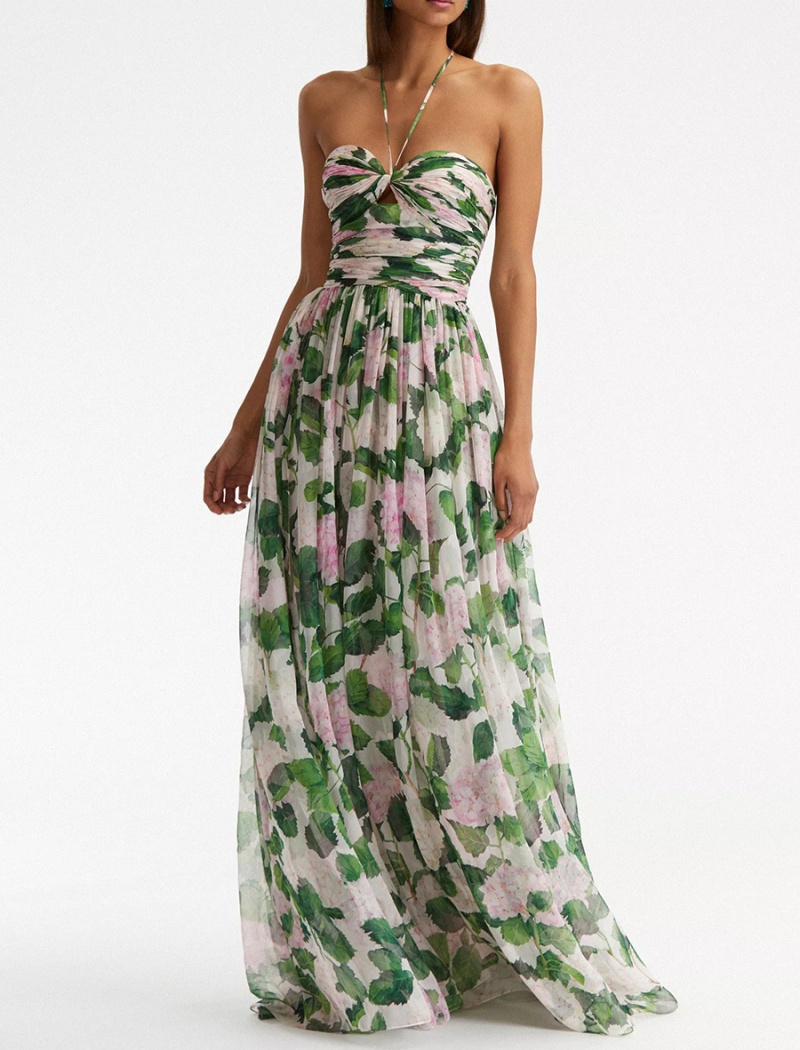 Fashion printing summer dress green long halter long dress