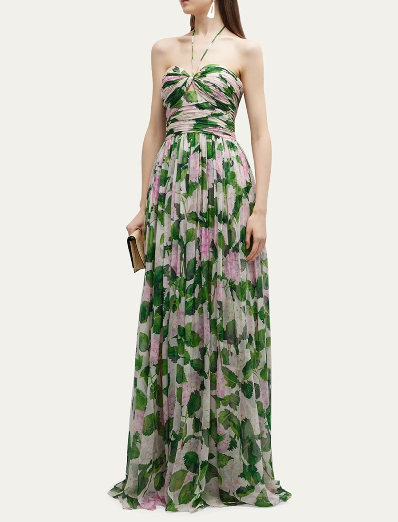 Fashion printing summer dress green long halter long dress