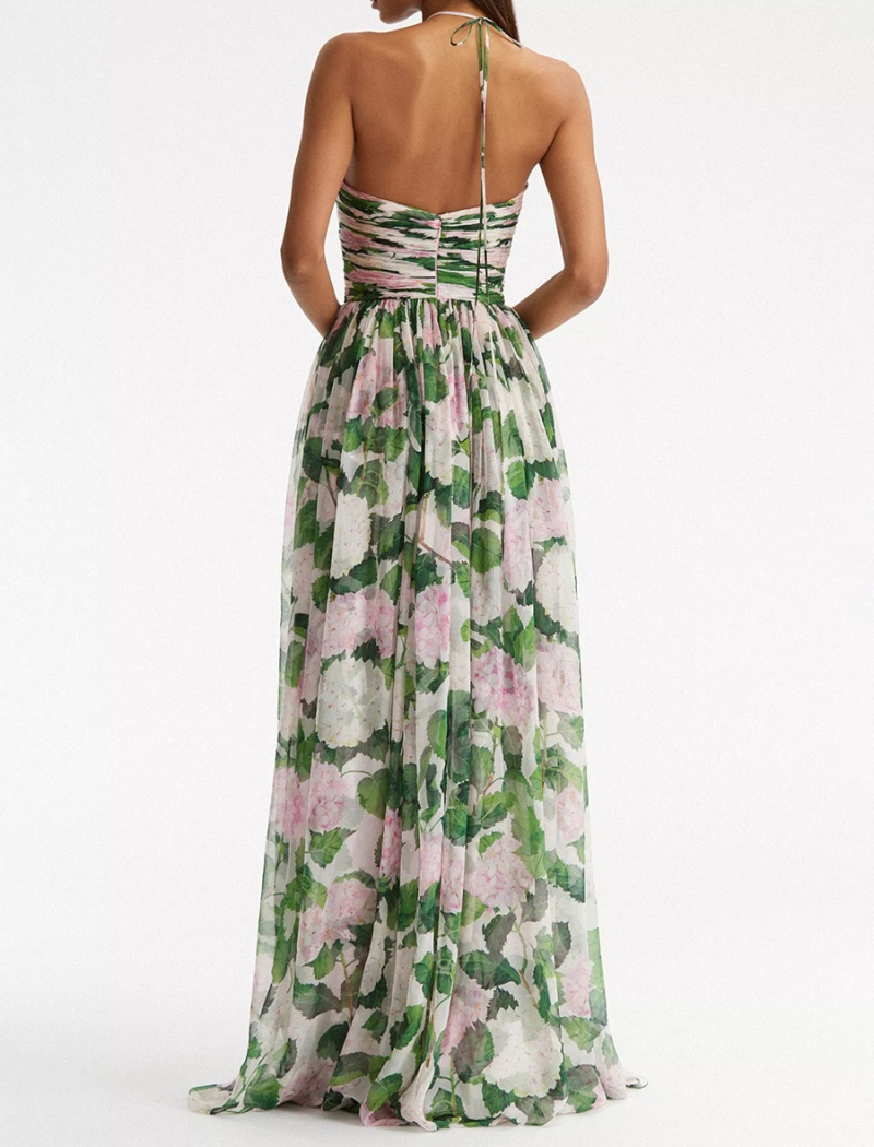 Fashion printing summer dress green long halter long dress