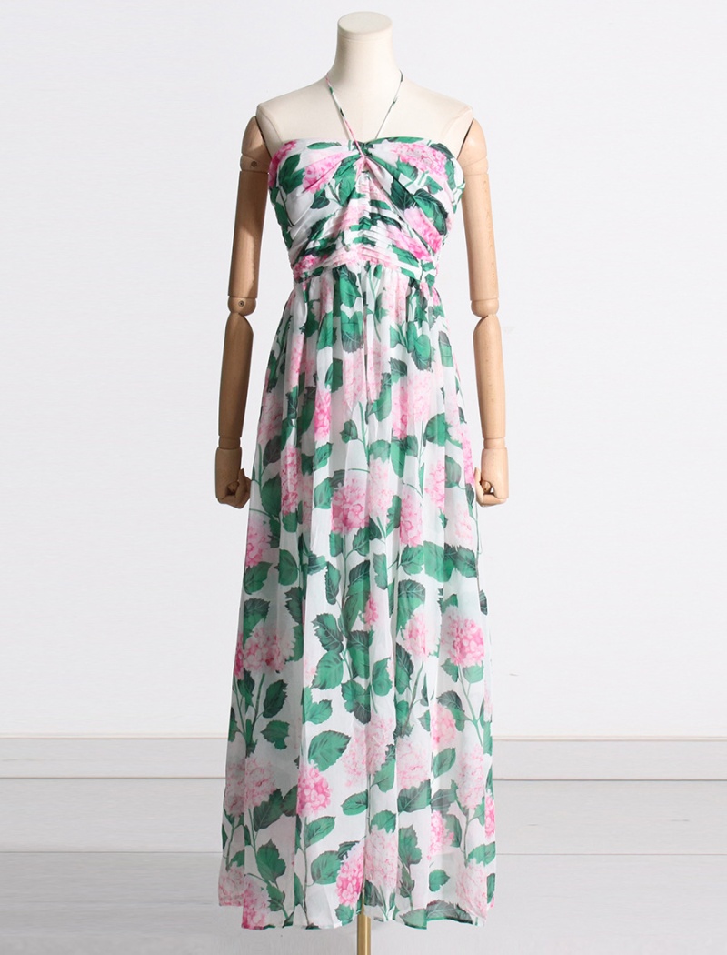 Fashion printing summer dress green long halter long dress