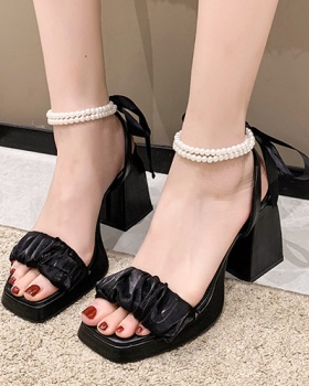 Pearl gauze sandals thick summer high-heeled shoes