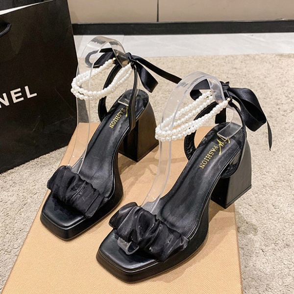 Pearl gauze sandals thick summer high-heeled shoes