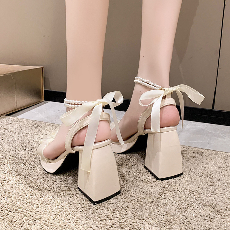 Pearl gauze sandals thick summer high-heeled shoes