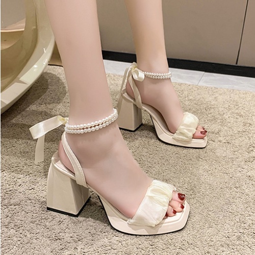 Pearl gauze sandals thick summer high-heeled shoes