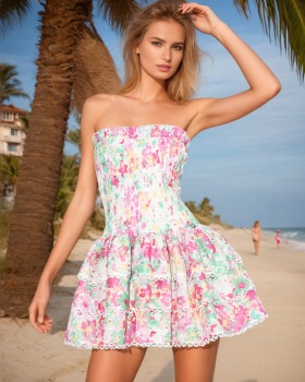 Floral wrapped chest short hook flower hollow slim dress