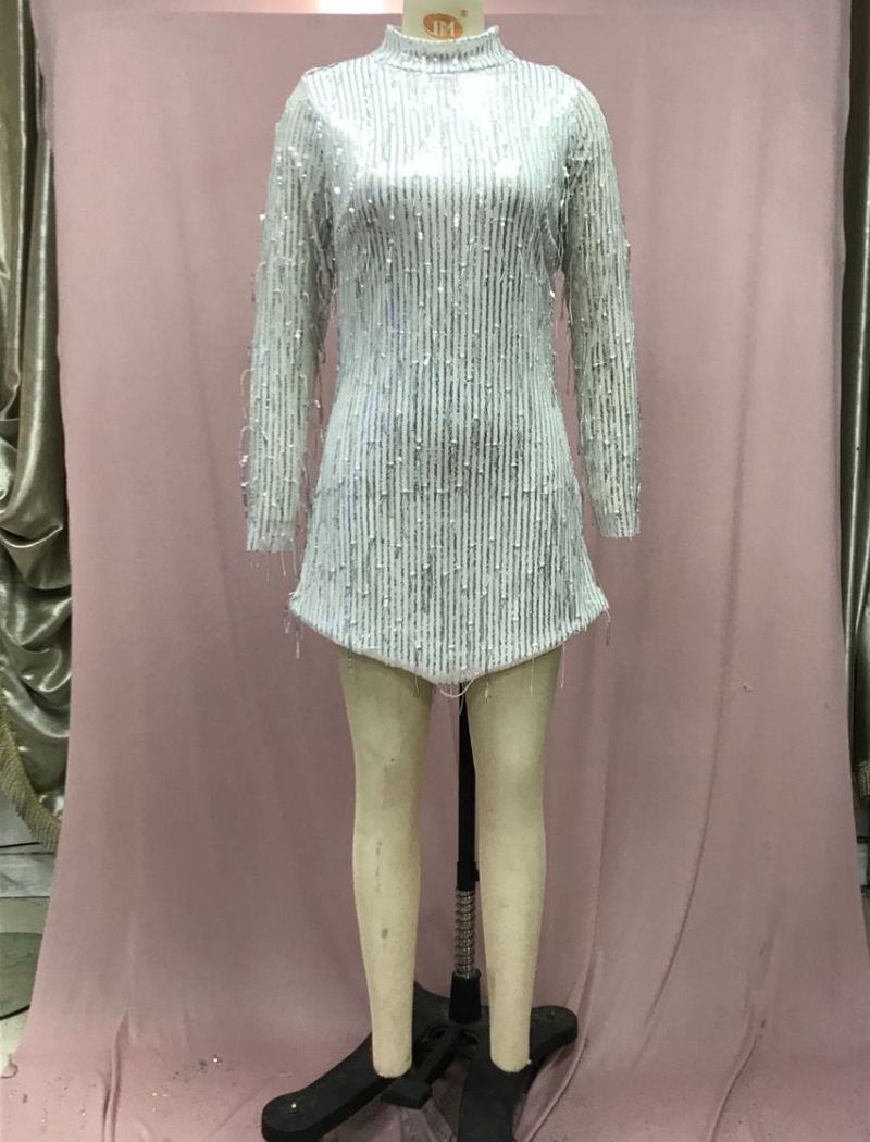 Sequins high collar dress European style halter T-back