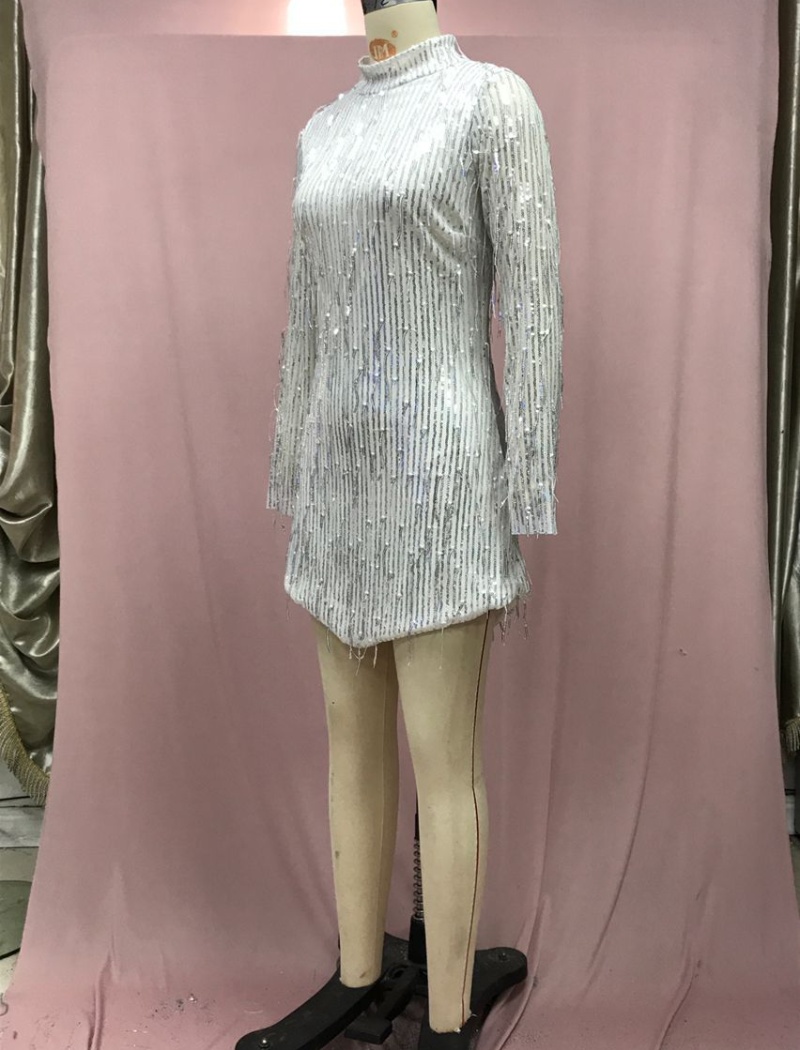 Sequins high collar dress European style halter T-back