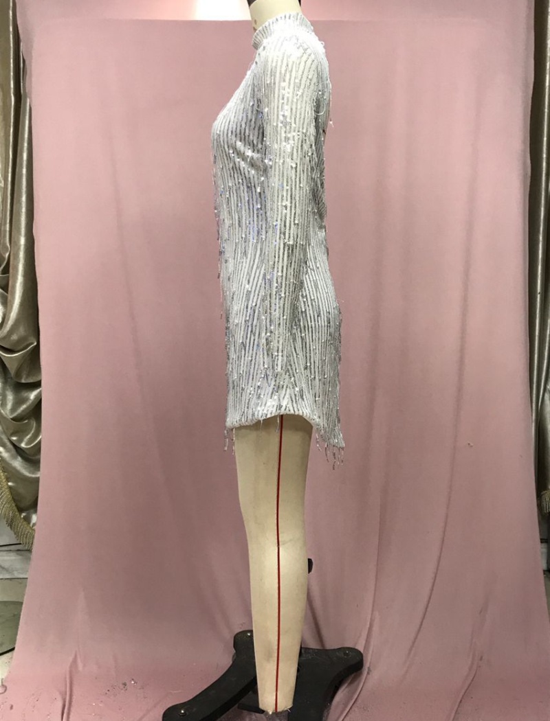 Sequins high collar dress European style halter T-back