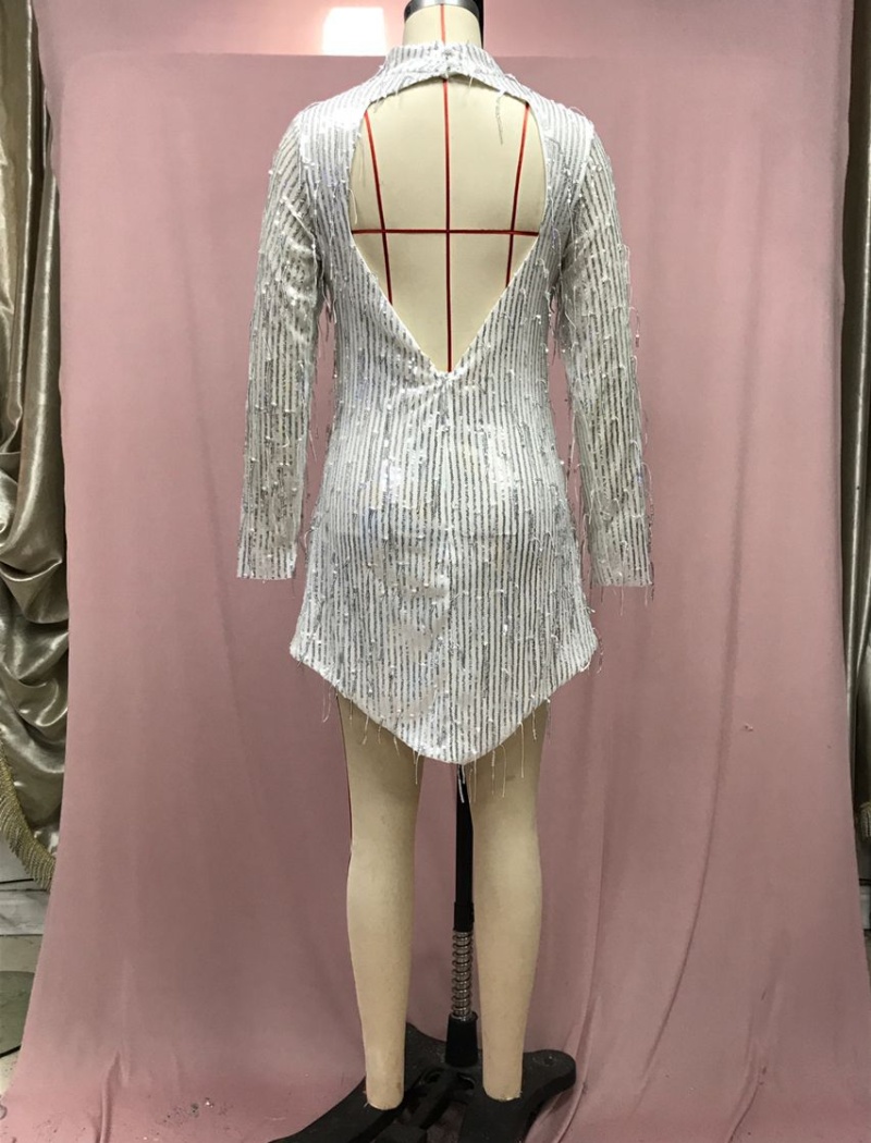 Sequins high collar dress European style halter T-back