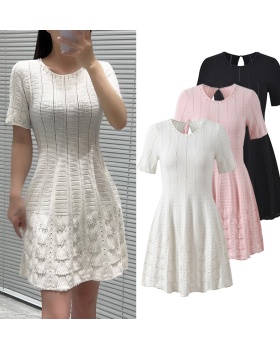 Crochet pearl knitted round neck hollow France style dress