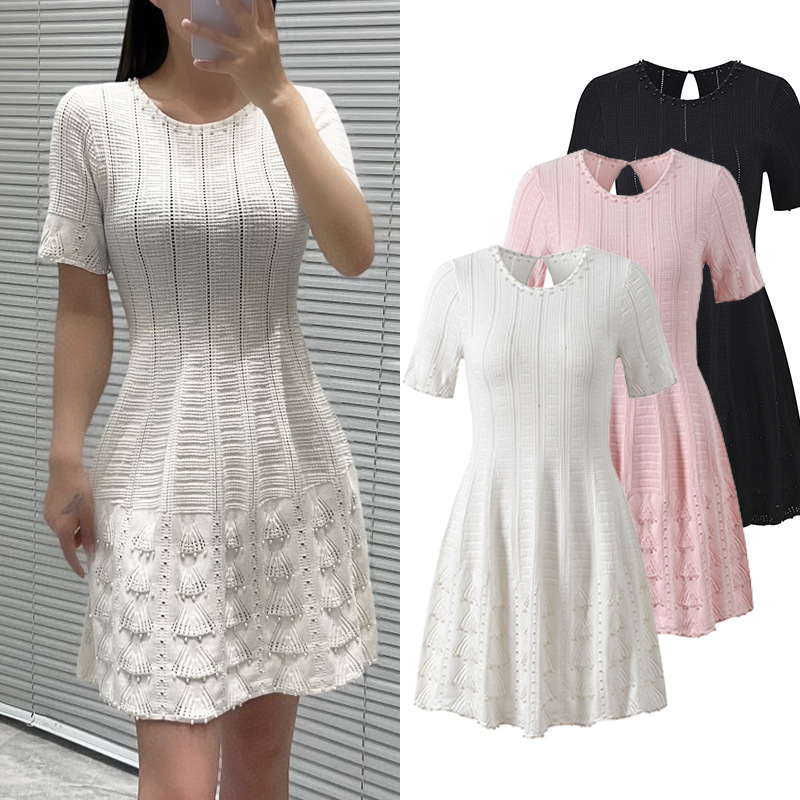 Crochet pearl knitted round neck hollow France style dress
