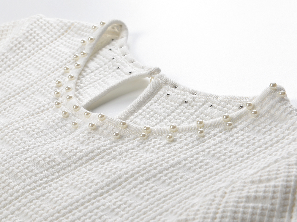 Crochet pearl knitted round neck hollow France style dress