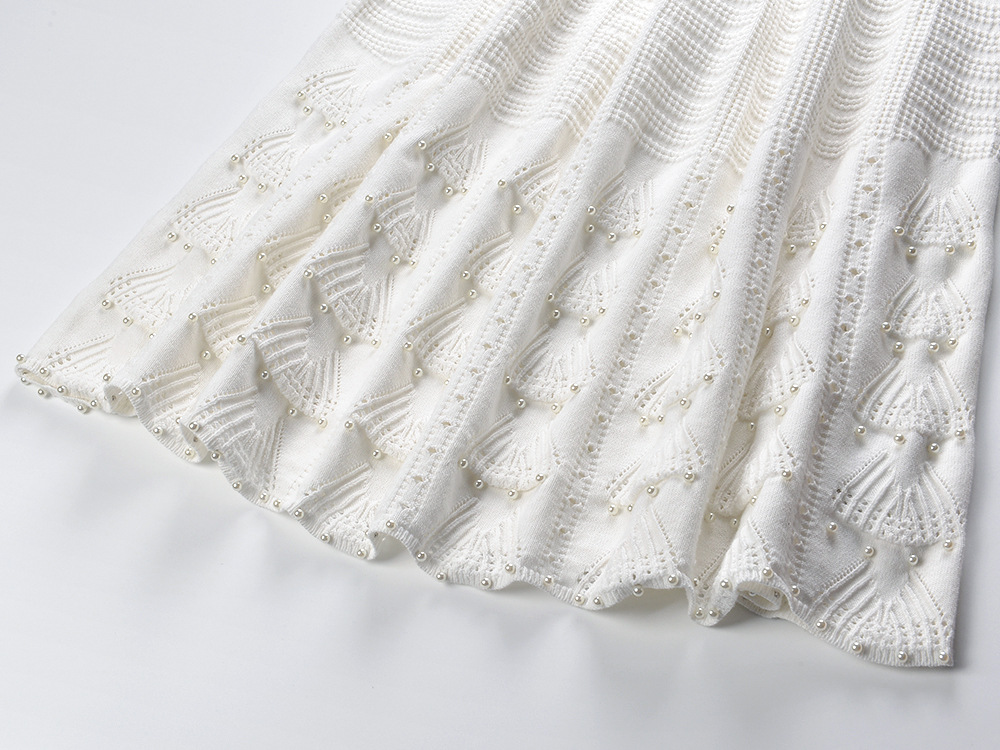 Crochet pearl knitted round neck hollow France style dress