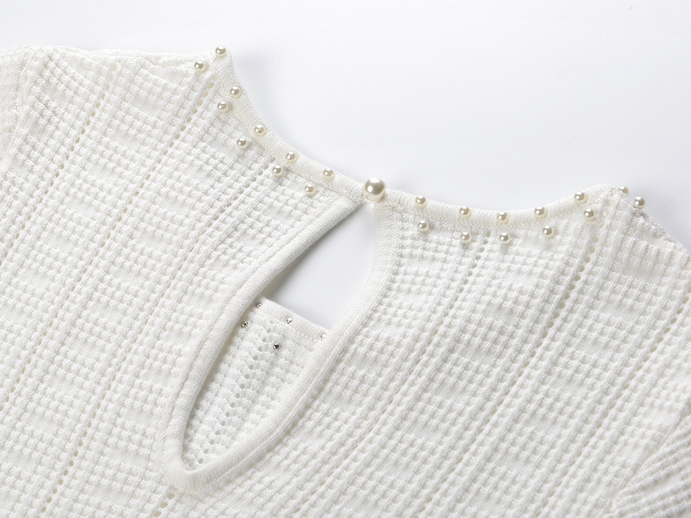 Crochet pearl knitted round neck hollow France style dress