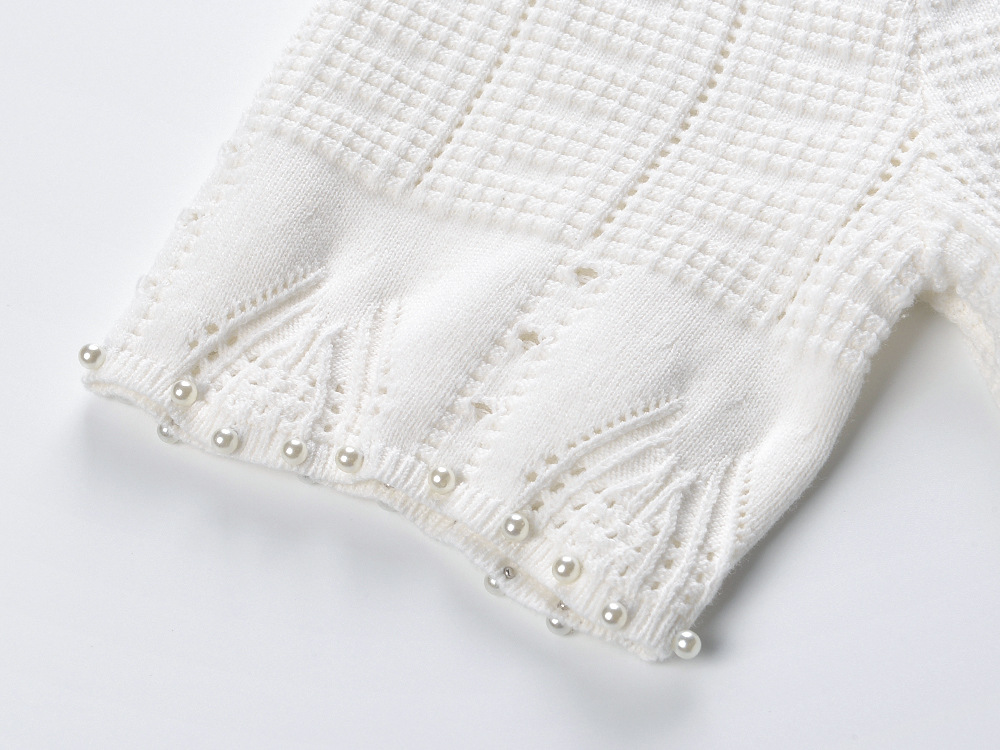 Crochet pearl knitted round neck hollow France style dress