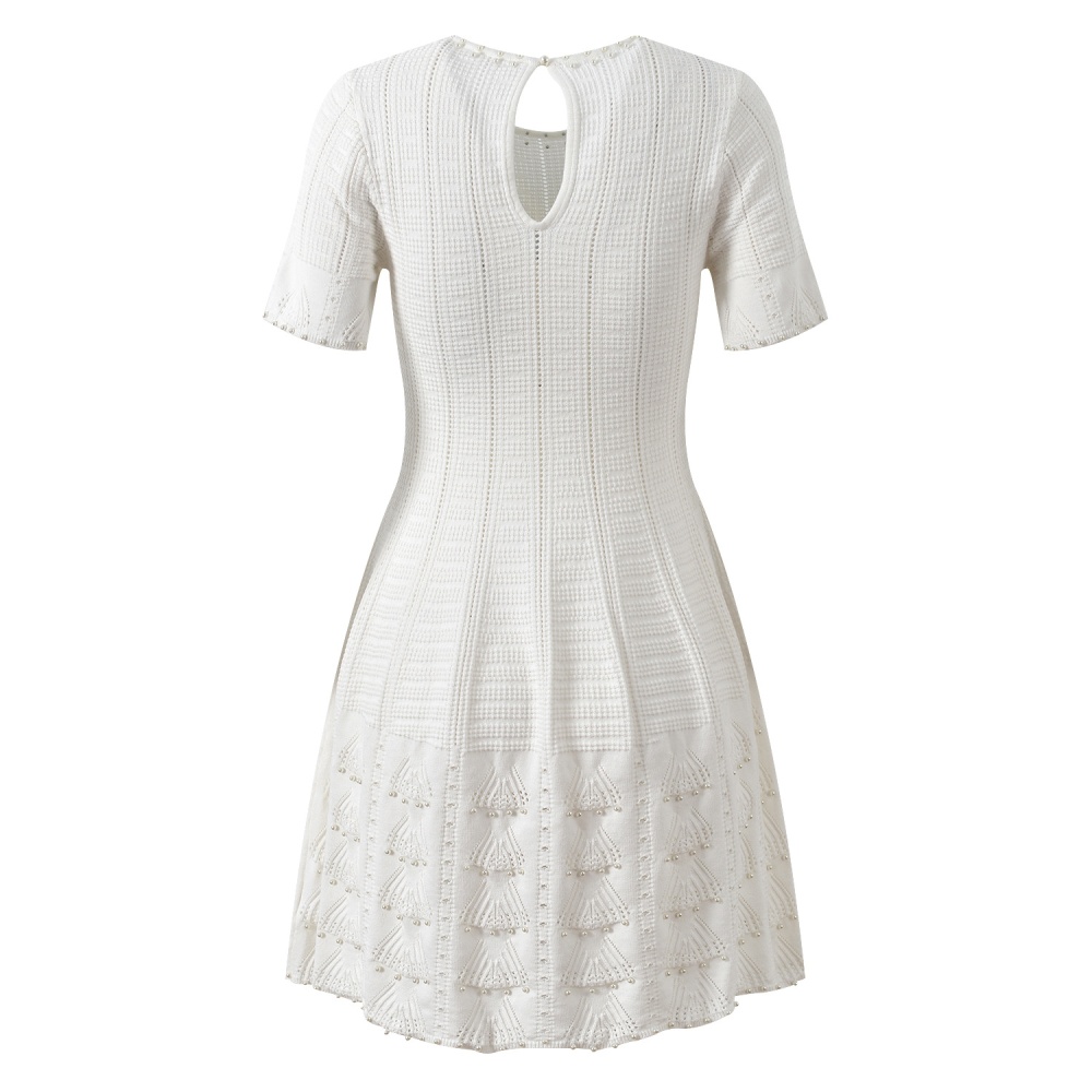 Crochet pearl knitted round neck hollow France style dress
