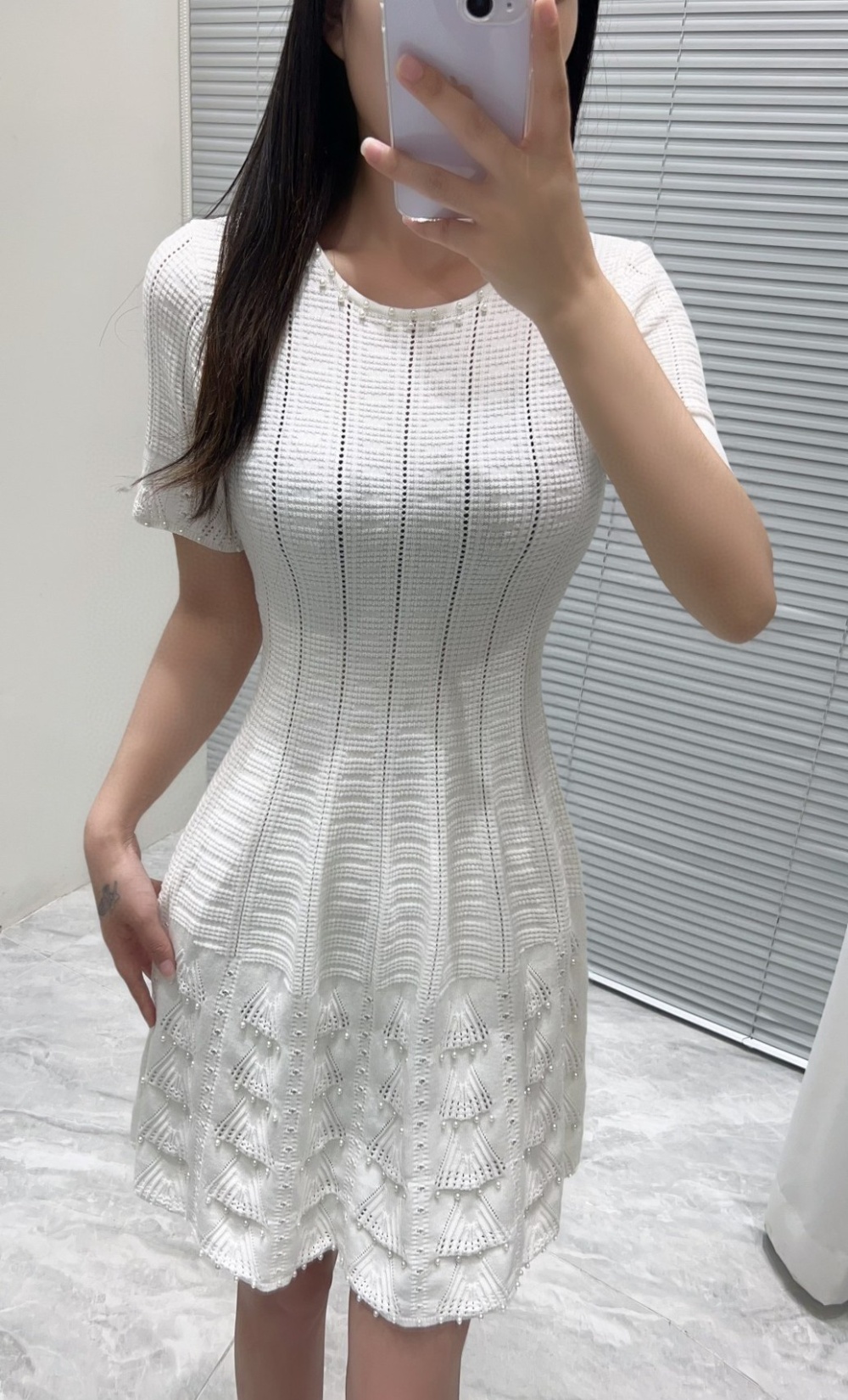 Crochet pearl knitted round neck hollow France style dress