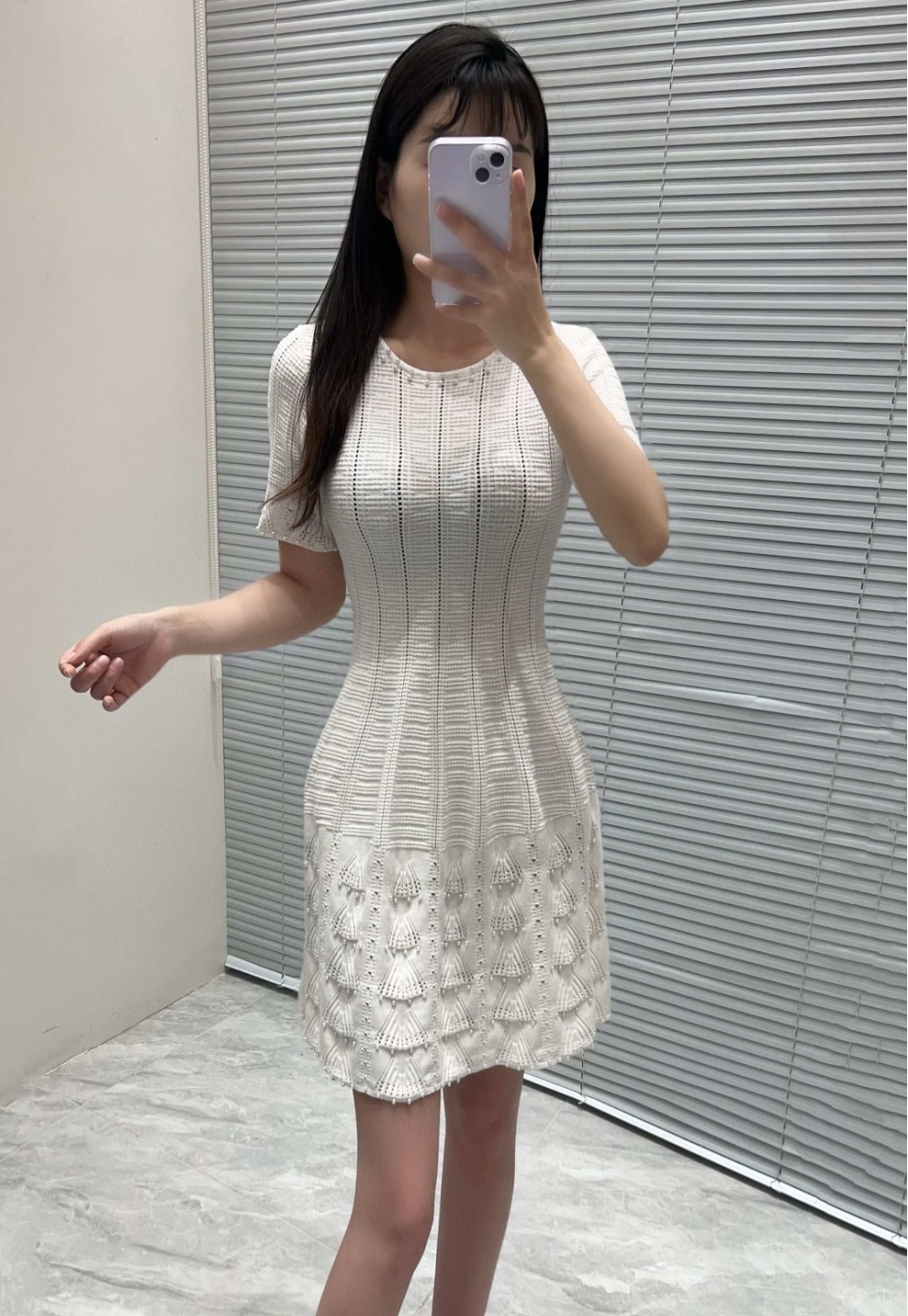 Crochet pearl knitted round neck hollow France style dress