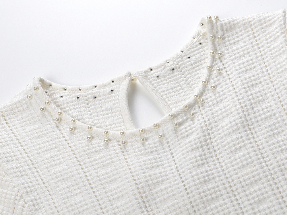 Crochet pearl knitted round neck hollow France style dress