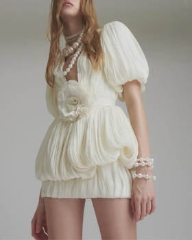 Niche V-neck package hip dress lantern sleeve summer T-back