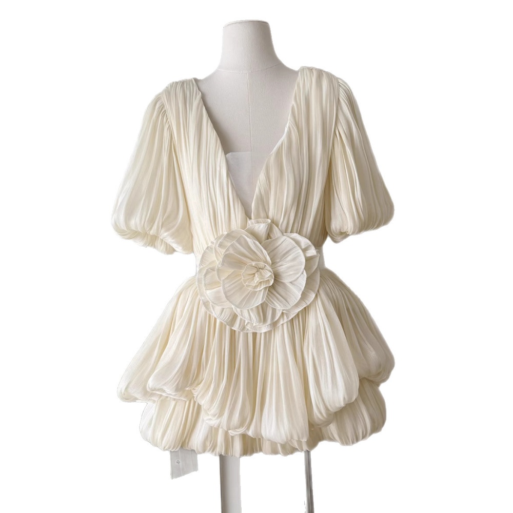 Niche V-neck package hip dress lantern sleeve summer T-back