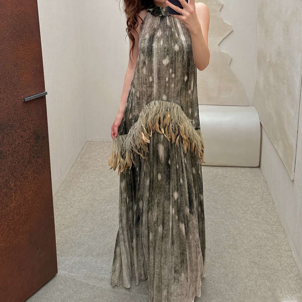 Halter France style loose dress sleeveless feather strap dress