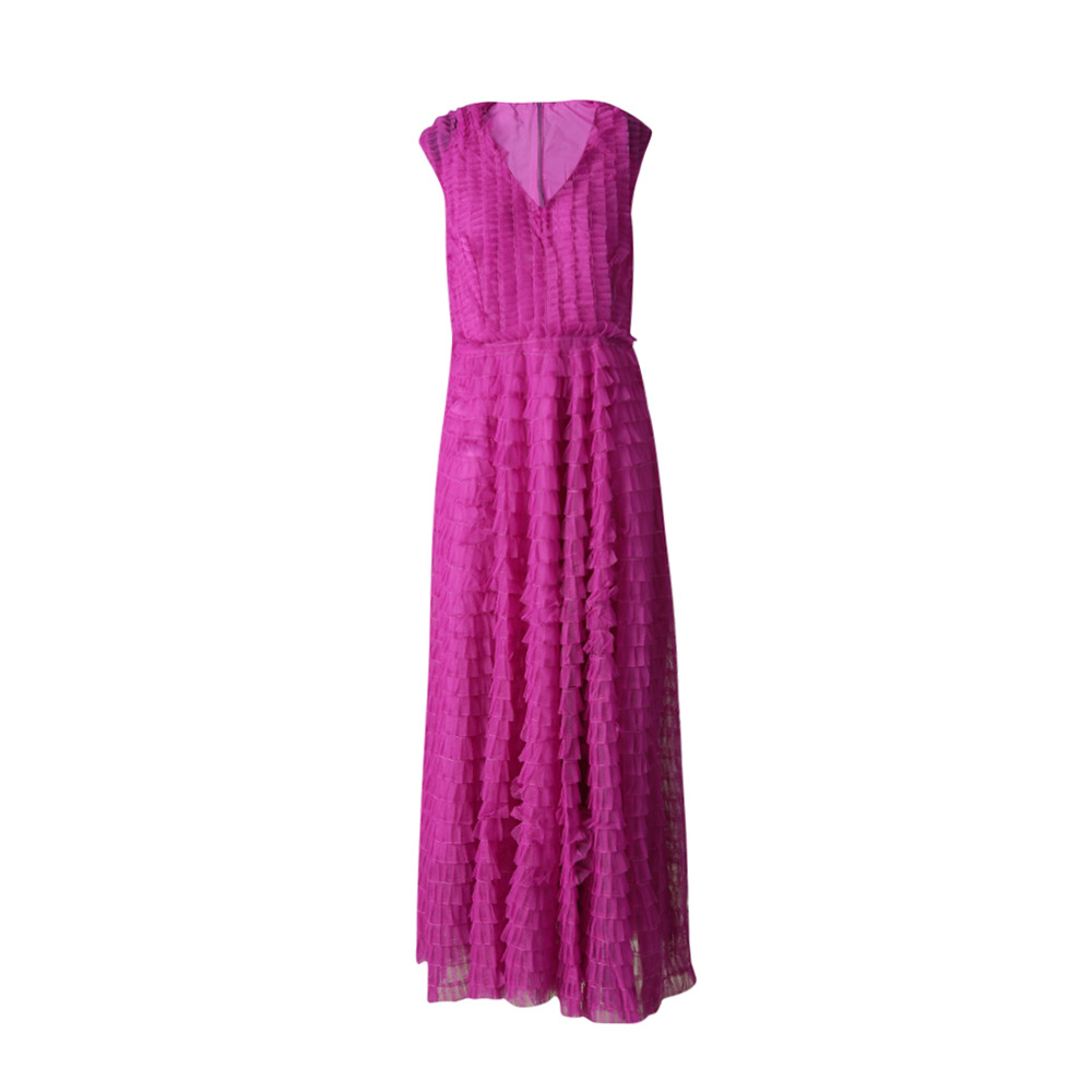 Pinched waist temperament cake dress V-neck sleeveless long dress