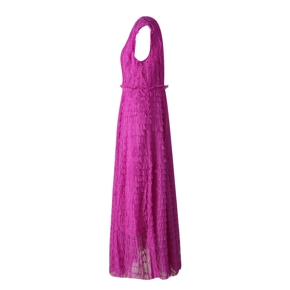 Pinched waist temperament cake dress V-neck sleeveless long dress