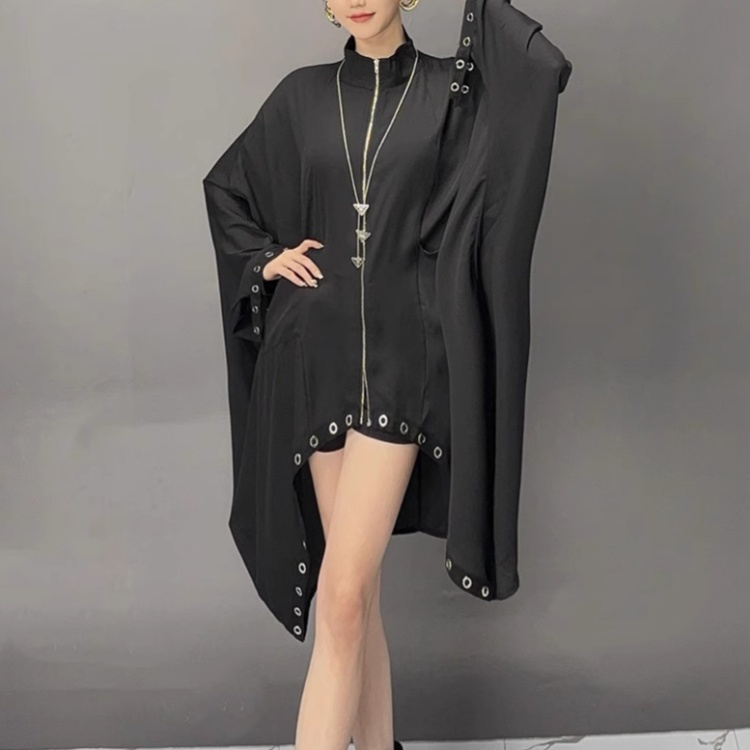 Bat sleeve irregular tops zip metal buckles coat for women