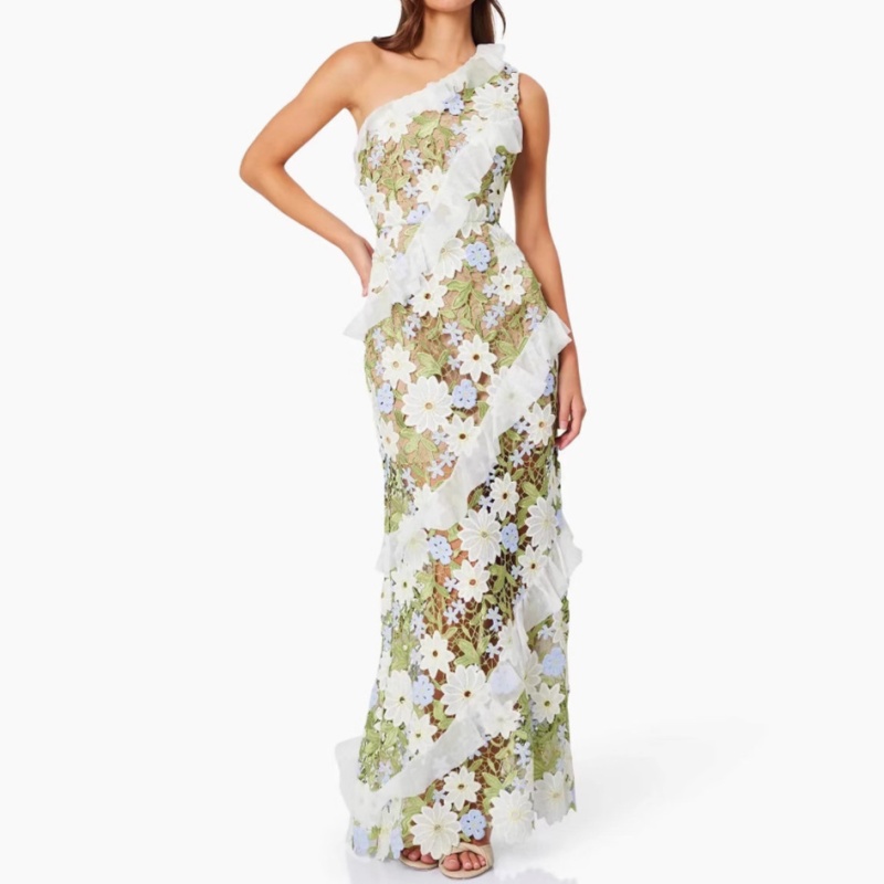 Embroidery summer long dress flowers splice dress for women