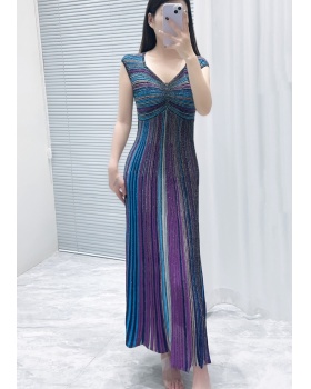Fashion summer slim long dress stripe fold vest