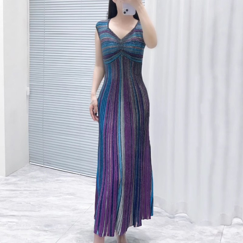 Fashion summer slim long dress stripe fold vest