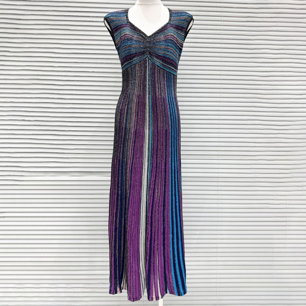 Fashion summer slim long dress stripe fold vest