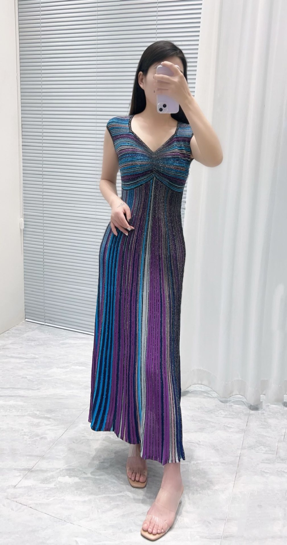Fashion summer slim long dress stripe fold vest