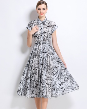 Short sleeve summer long dress printing with belt shirt