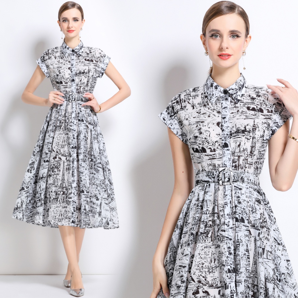 Short sleeve summer long dress printing with belt shirt