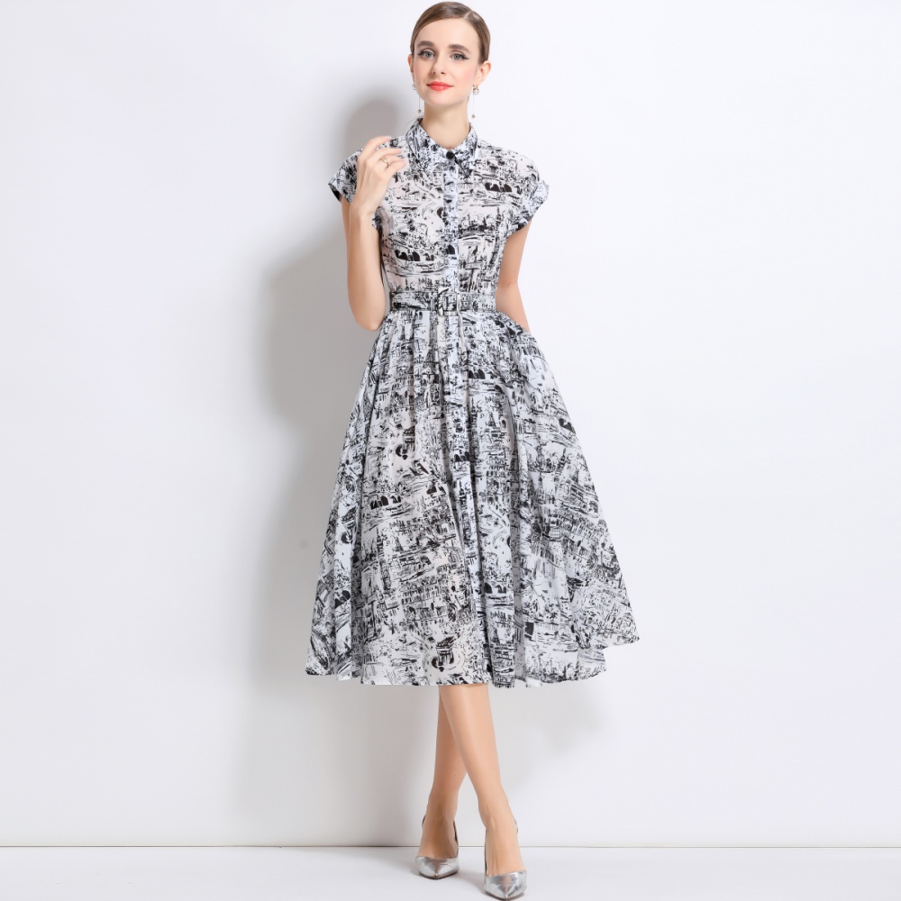 Short sleeve summer long dress printing with belt shirt