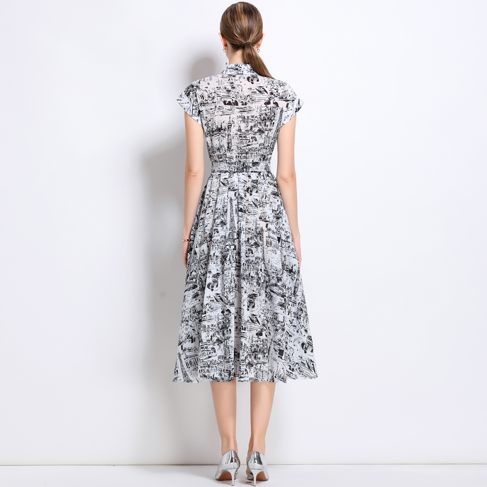 Short sleeve summer long dress printing with belt shirt