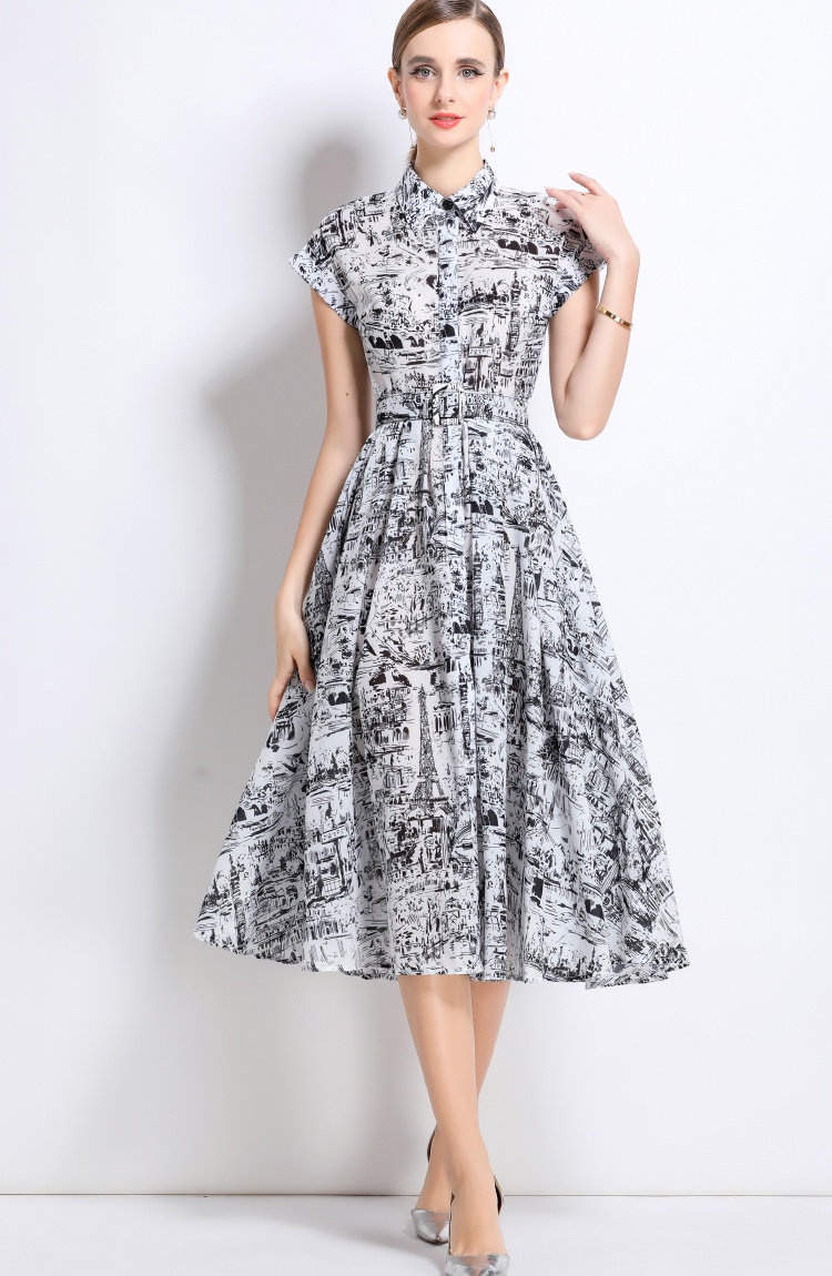Short sleeve summer long dress printing with belt shirt