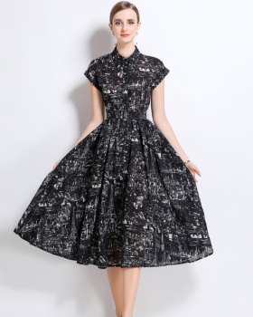 Summer with belt long dress short sleeve printing shirt