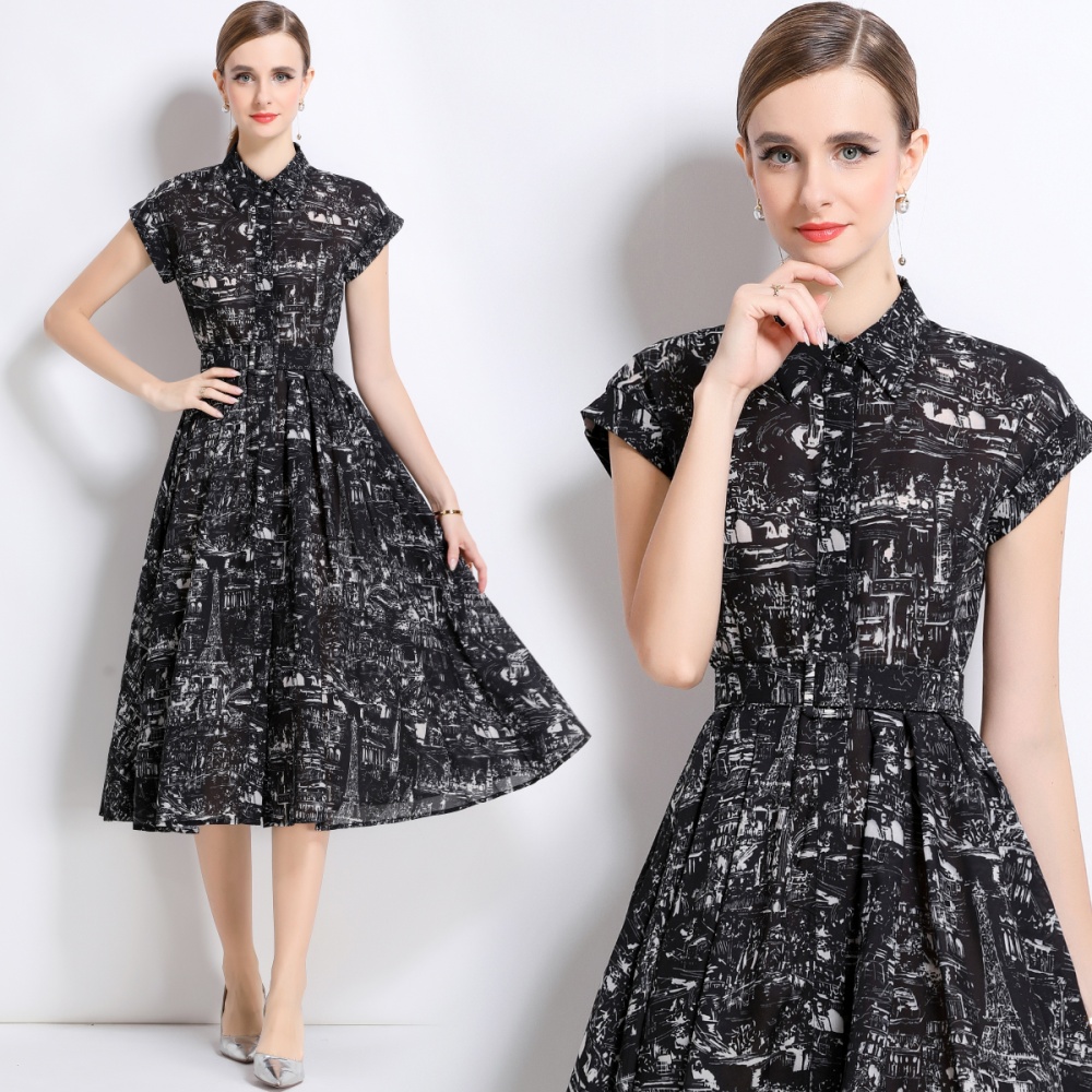 Summer with belt long dress short sleeve printing shirt