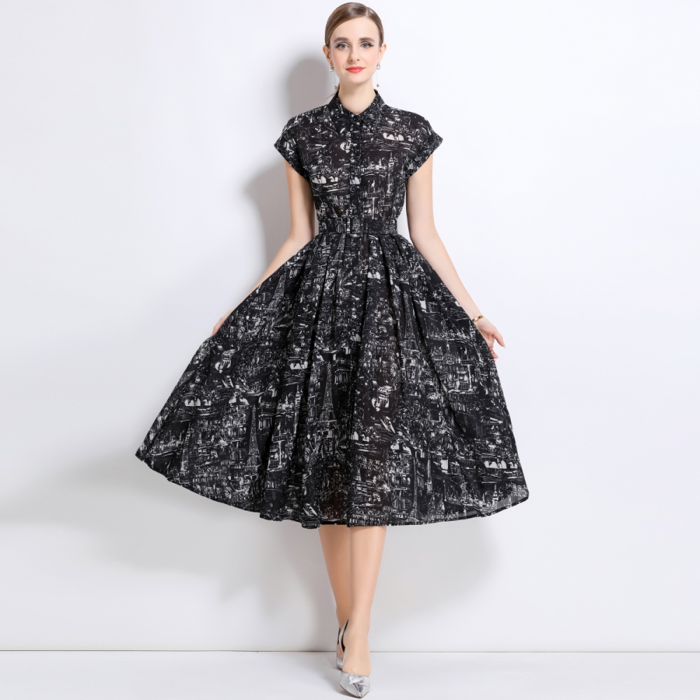Summer with belt long dress short sleeve printing shirt