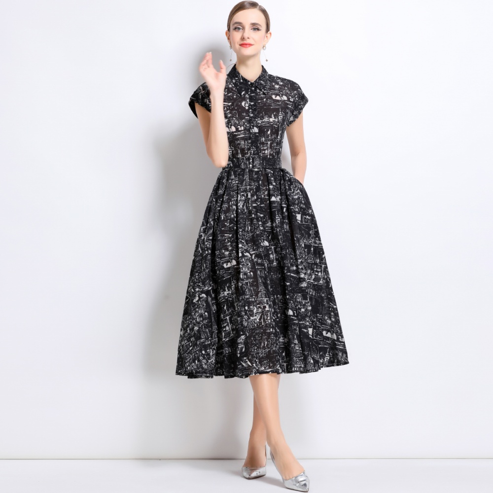 Summer with belt long dress short sleeve printing shirt